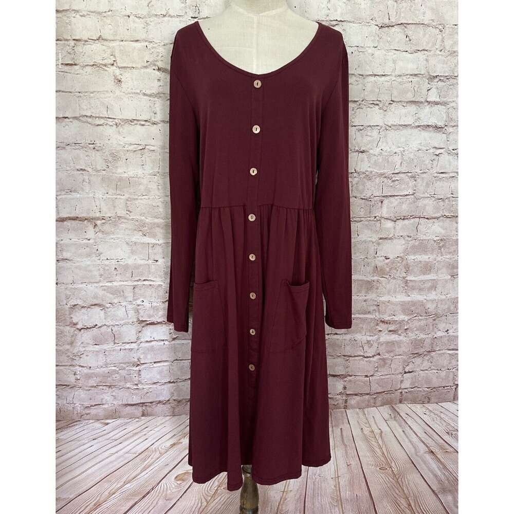 OUGES Womens Shift Dress V Neck Button Front Burgundy Pockets Size XXL NEW